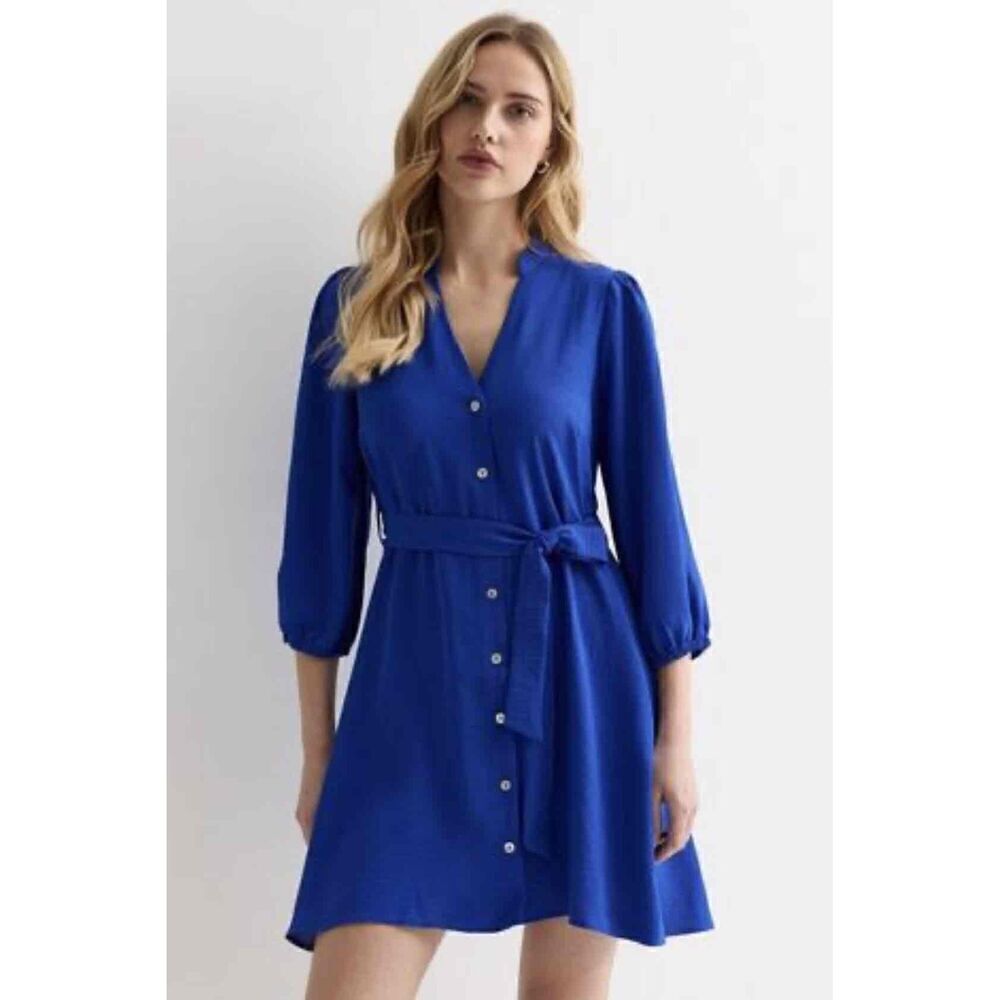 NWT Calvin Klein Womens Blue Long Sleeve Tie Waist Shirt Dress Size 4